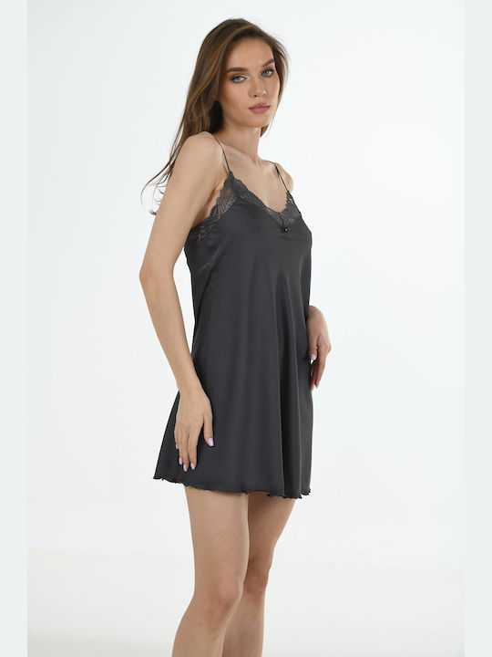 Vienetta Secret Winter Satin Women's Nightdress Dark grey Vienetta