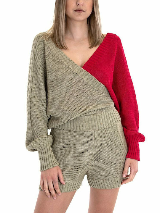 Tailor Made Knitwear Women's Long Sleeve Sweater with V Neckline Red/beige