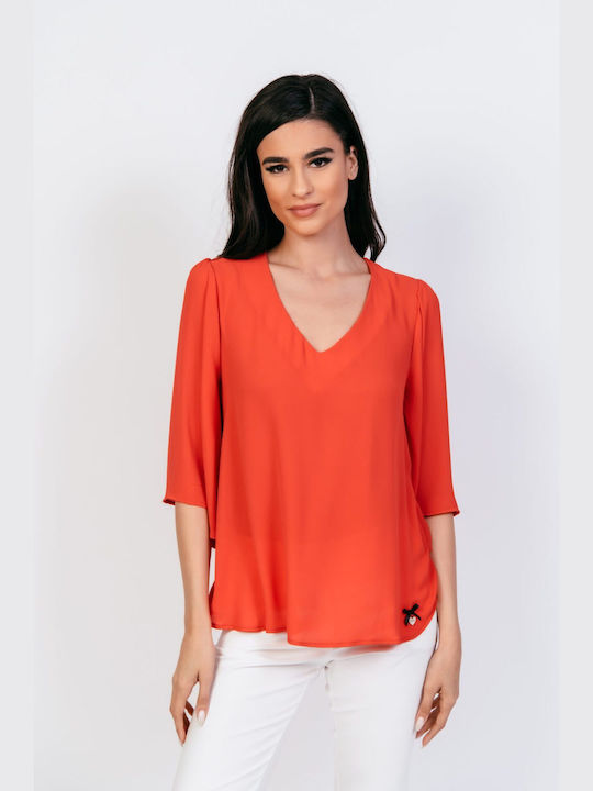 Donna Martha Damen Sommerliche Bluse mit 3/4 Ärmel Orange