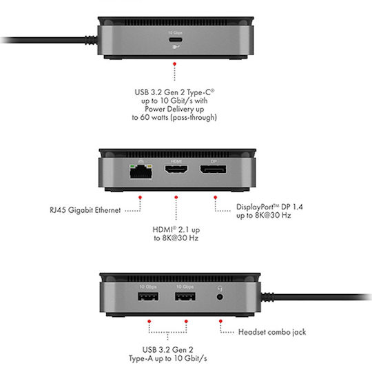 Icy Box USB-C Docking Station με HDMI/DisplayPort 4K PD Ethernet και σύνδεση 2 Οθονών Μαύρο (IB-DK408-C41)