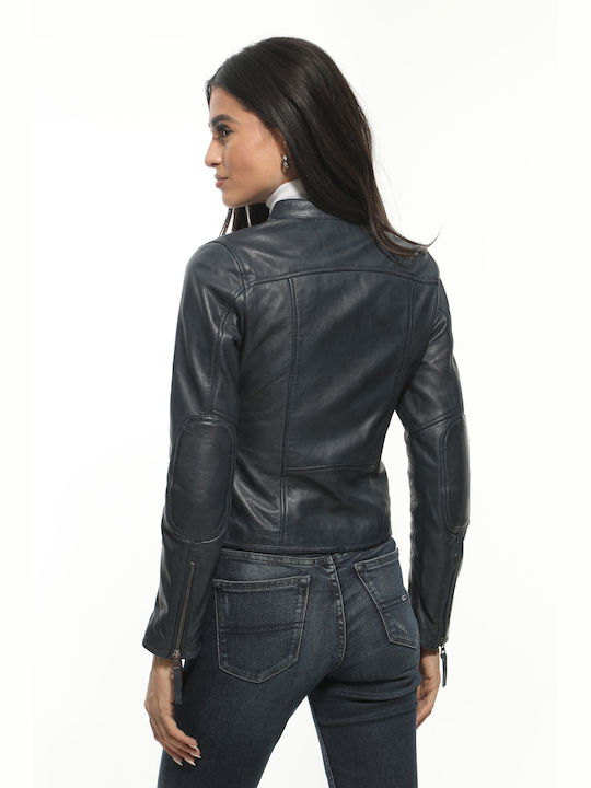 Newton Leather Women's Short Lifestyle Leather Jacket for Winter Dark blue.