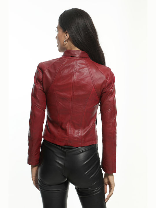 Newton Leather Κοντό Δερμάτινο Γυναικείο Μπουφάν για Χειμώνα μπορντό