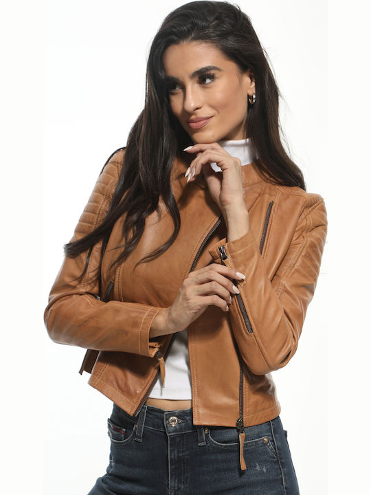 Women's Short Lifestyle Leather Jacket for Winter Brown