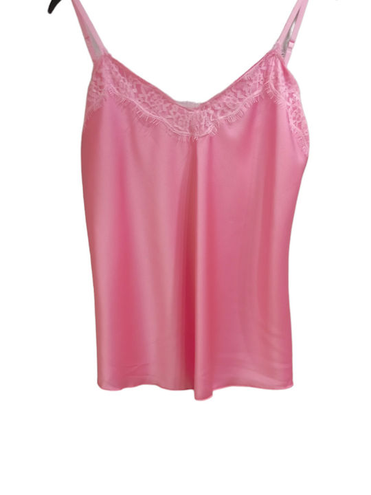 Kalliope Women's Satin Lingerie Top with Lace Pink