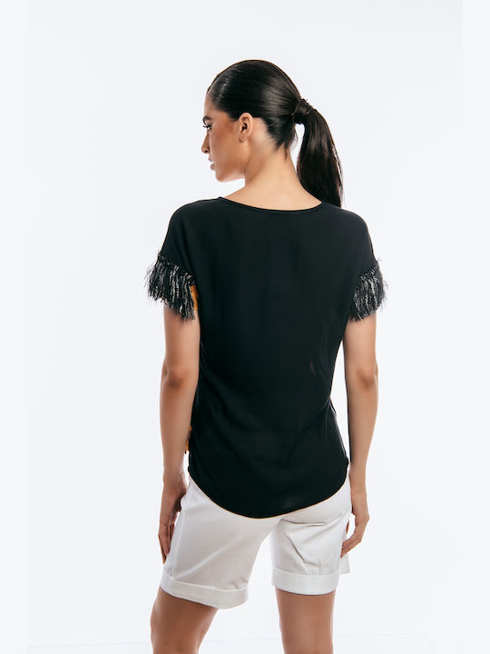 Boutique Women's Summer Blouse Short Sleeve Black