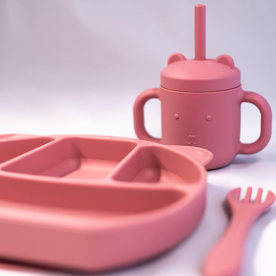 Baby Cloud Комплект за Хранене Мечка от Силикон с Противоплъзгаща Основа Розов 4бр