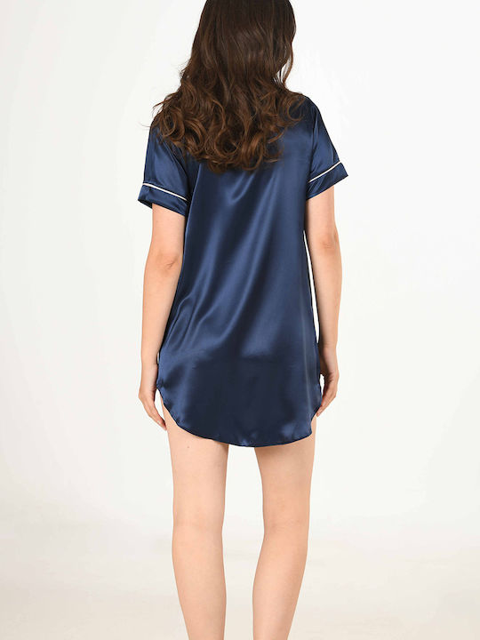 Vienetta Secret Winter Satin,σατεν Damen Nachthemd Blue Marine. Vienetta