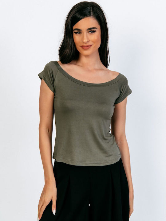 Boutique Damen Bluse Kurzärmelig mit Rundhalsausschnitt Haki