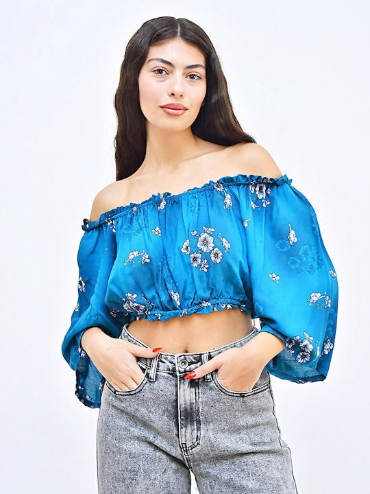 Beltipo Damen Crop Top mit 3/4 Ärmel Blumen blue