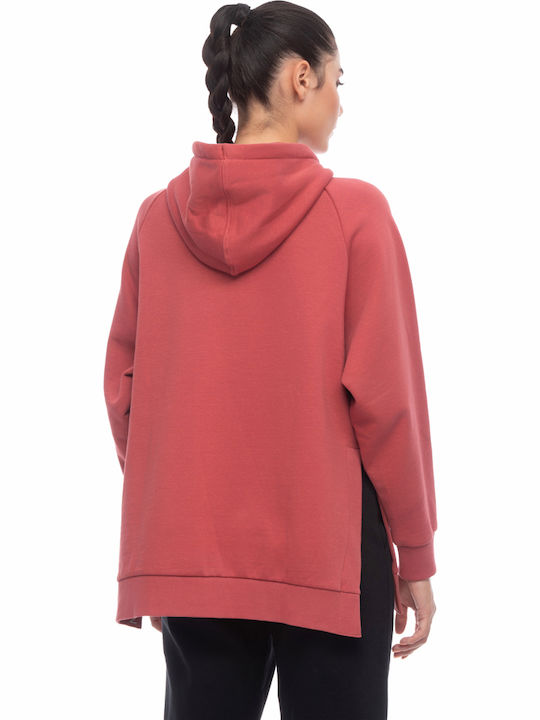 Μακριά Γυναικεία Ζακέτα Φούτερ με Κουκούλα Κόκκινη