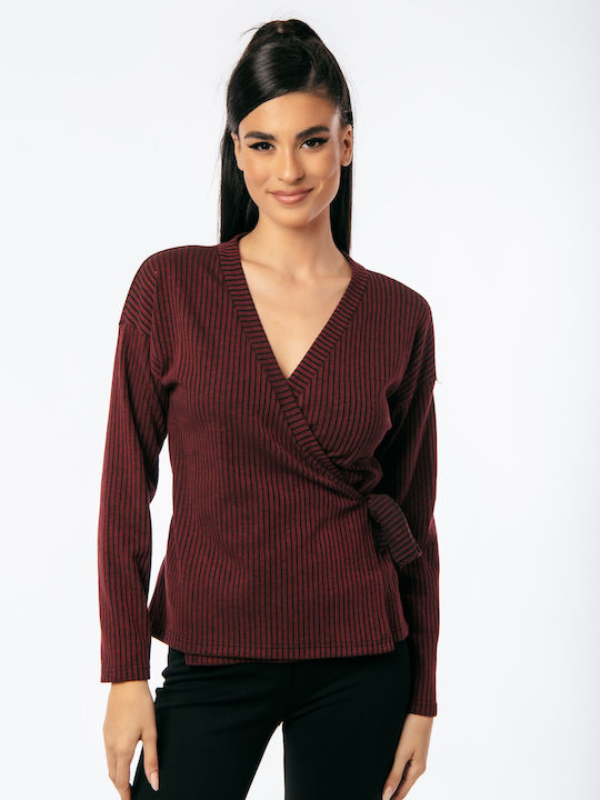 Boutique Women's Blouse Long Sleeve with V Neckline Bordeaux