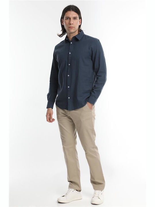 Double Men's Shirt Long Sleeve Linen Blue