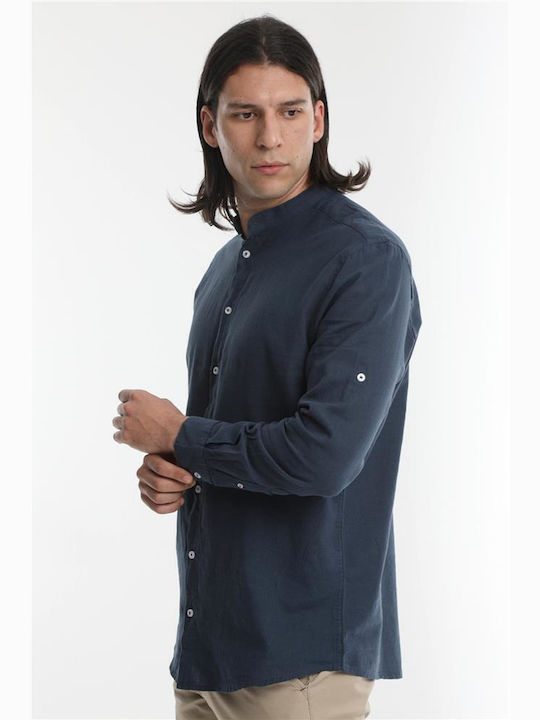 Double Men's Shirt Long Sleeve Linen Blue