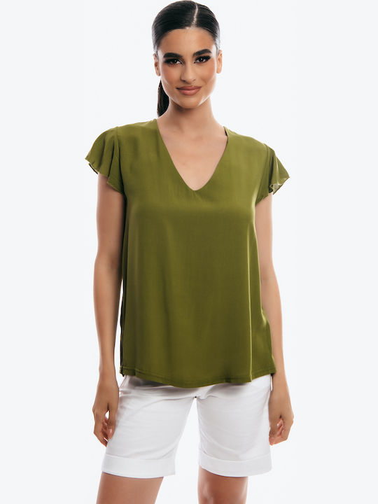 Damen Bluse Kurzärmelig mit V-Ausschnitt Khaki
