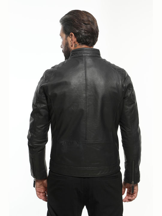 Newton Leather Ανδρικό Δερμάτινο Χειμωνιάτικο Μπουφάν Biker Μαύρο