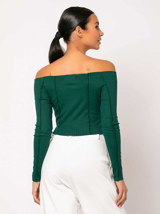 Noobass Damen Crop Top Langarm Grün