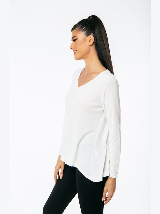 Women's Blouse Long Sleeve with V Neckline White