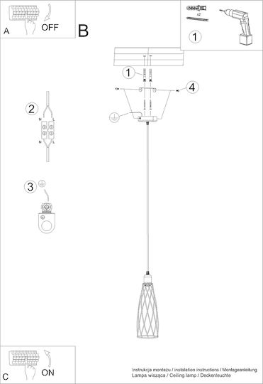 Sollux 1 Pendant Light Black with Socket E27 13x13x390cm
