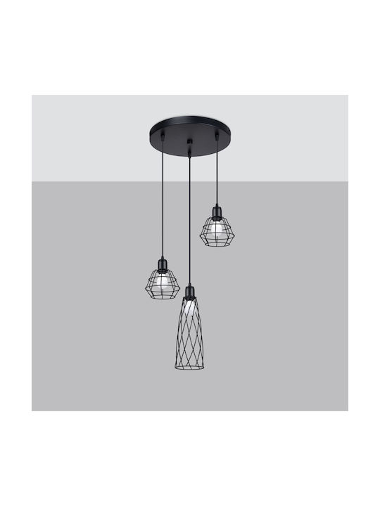Sollux 3p Pendant Light Black with Socket E27 38x38x20cm