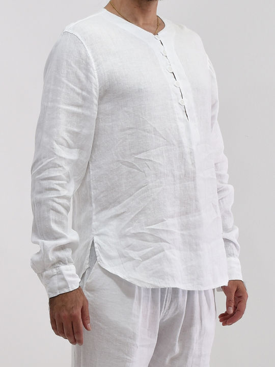 Aris Tsoubos Men's Lino Shirt Button At2292 Cămașă Bărbătească Cu mânecă lungă In Monocrom Alb