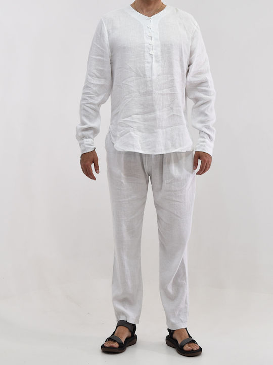 Men's Lino Shirt Button At2292 Long-sleeved Linen Shirt White