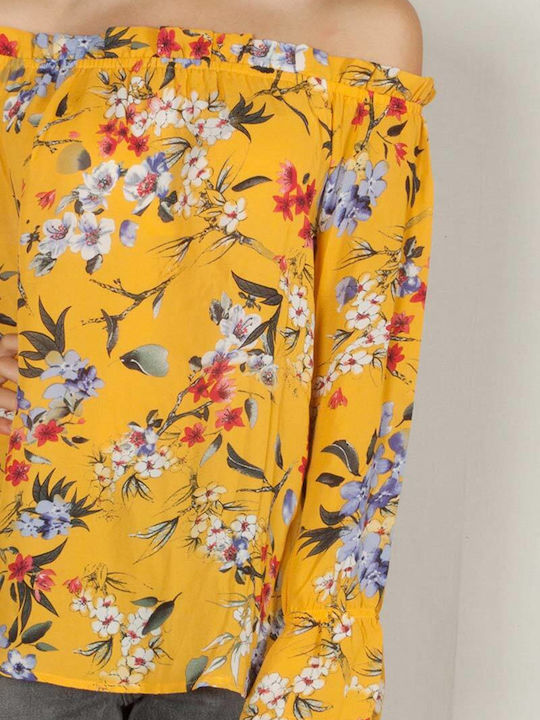 Γυναικεία Μπλούζα Off-Shoulder Μακρυμάνικη Floral Κίτρινη