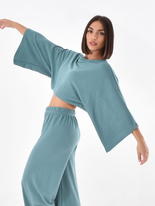 Aris Tsoubos Blouse At2244 Women's Crop Top 3/4 Sleeves Green