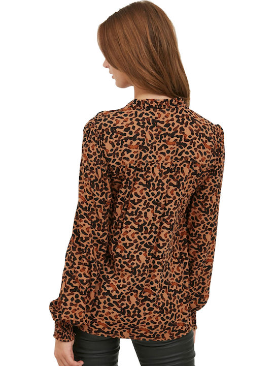 Women's Long Sleeve Blouse with V-Neck Animal Print Tobacco Brown Mix