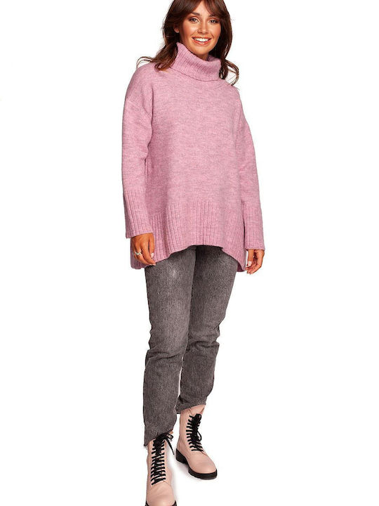 BE Knit Damen Langarm Pullover Wolle Rollkragen Pink