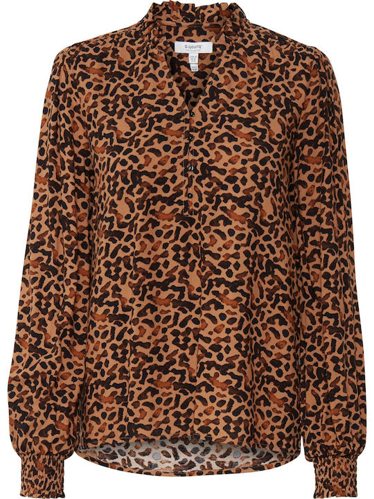 Women's Long Sleeve Blouse with V-Neck Animal Print Tobacco Brown Mix