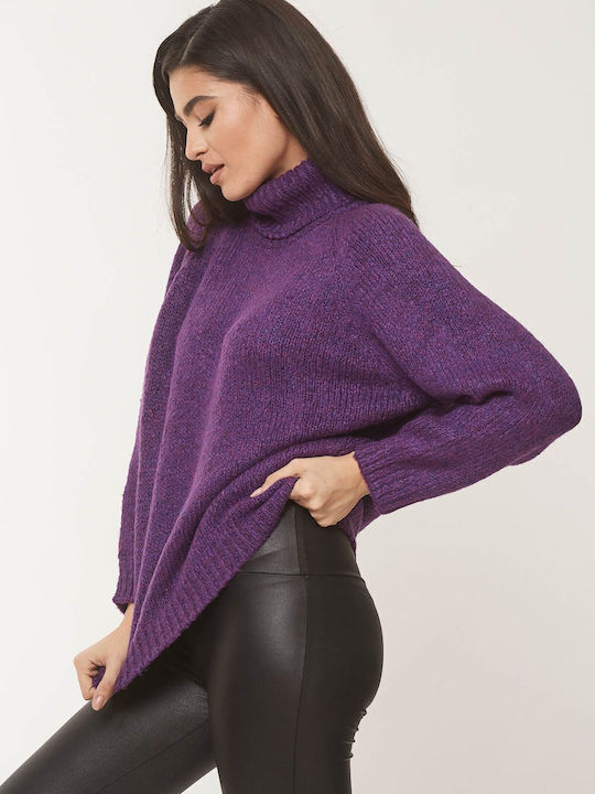 Women's Long Sleeve Sweater Woolen Turtleneck Purple