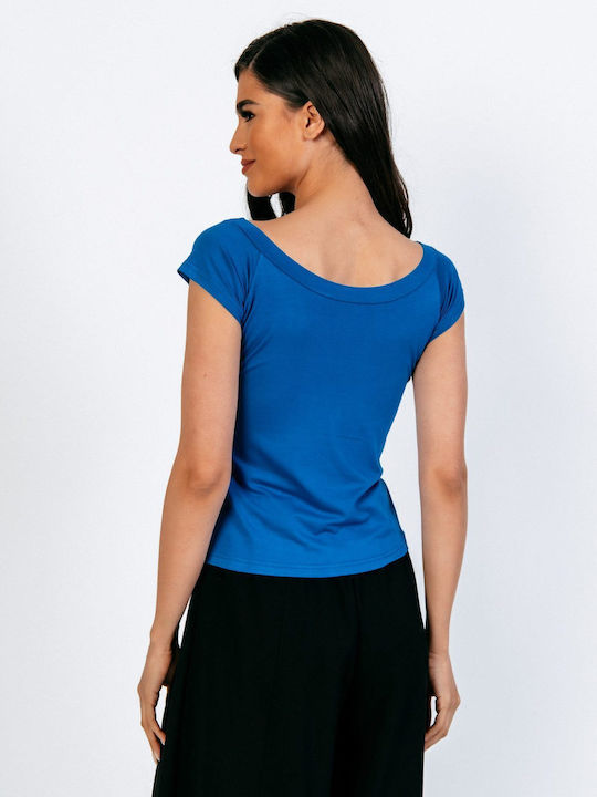 Women's Summer Blouse Short Sleeve with Boat Neckline Blue