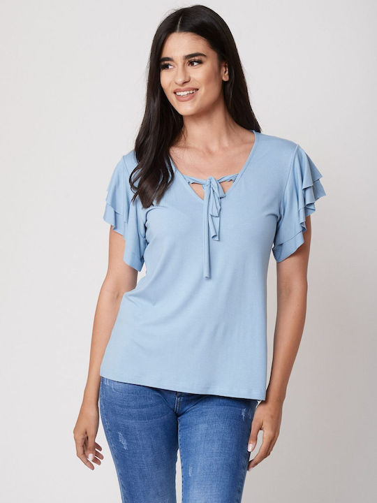 Ad'Oro Women's Summer Blouse Short Sleeve with V Neck Blue