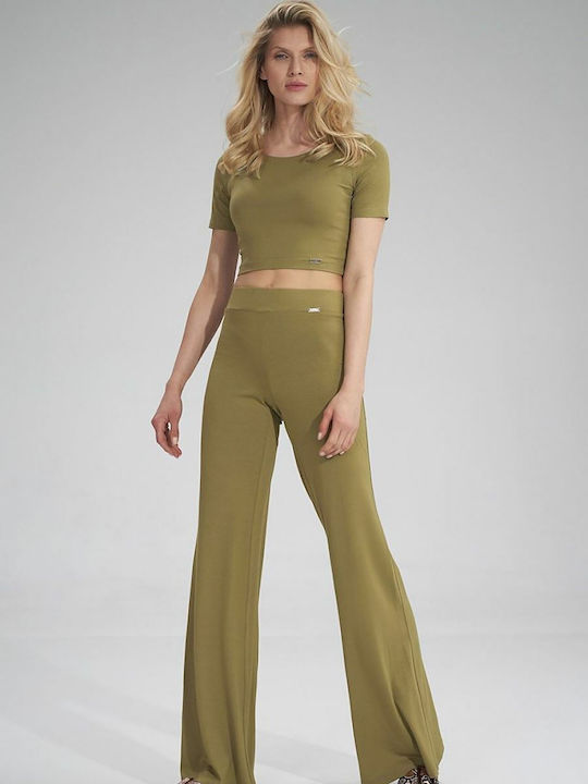 Figl M749 Women's High-waisted Fabric Trousers with Elastic in Wide Line Green