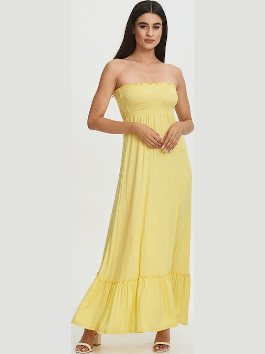 Καλοκαιρινό Maxi Βραδινό Φόρεμα Strapless Κίτρινο