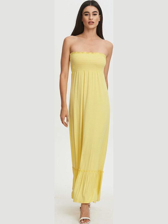 Καλοκαιρινό Maxi Βραδινό Φόρεμα Strapless Κίτρινο
