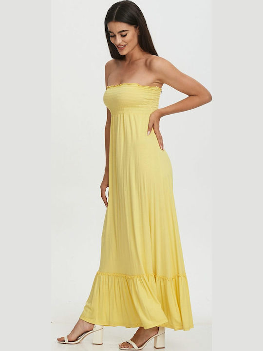 Καλοκαιρινό Maxi Βραδινό Φόρεμα Strapless Κίτρινο