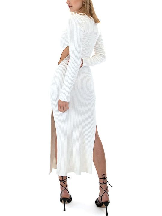 Rib Side Slits Resort Dress Women Tailor Made Midi Φόρεμα Πλεκτό με Σκίσιμο Λευκό