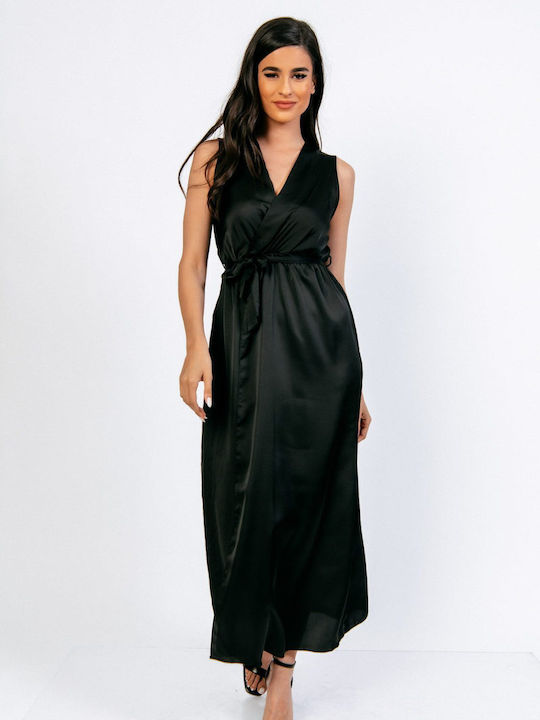 Boutique Sommer Maxi Abendkleid Satin Wickel Schwarz