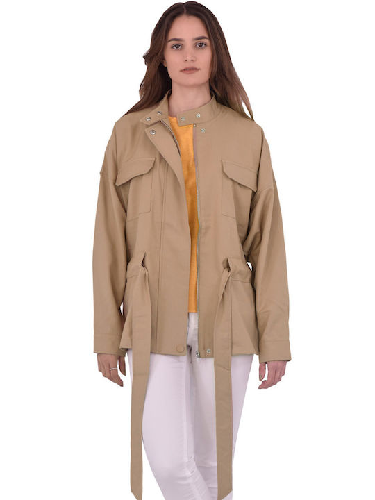 ICHI 'helenelil' Twill Women's Short Lifestyle Jacket for Winter Beige
