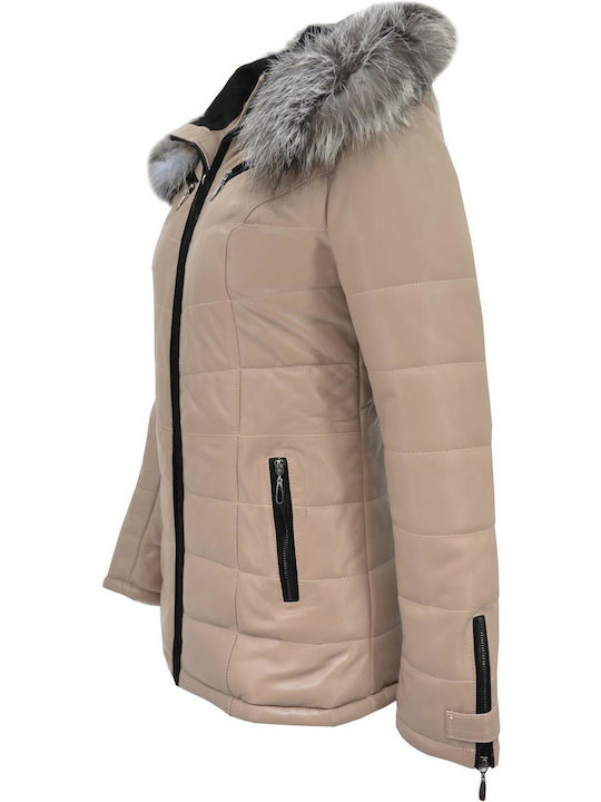 Δερμάτινα 100 Women's Short Lifestyle Leather Jacket for Winter with Hood Beige