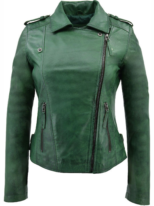 Δερμάτινα 100 Women's Short Biker Leather Jacket for Winter Green