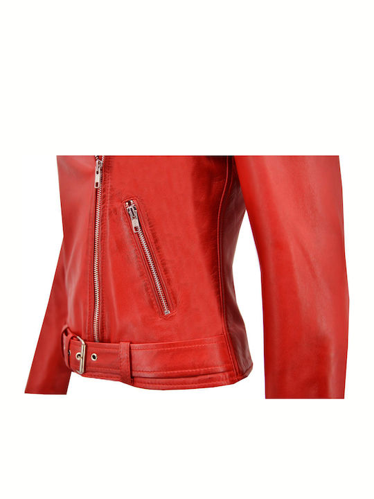 Women's Short Biker Leather Jacket for Winter Red