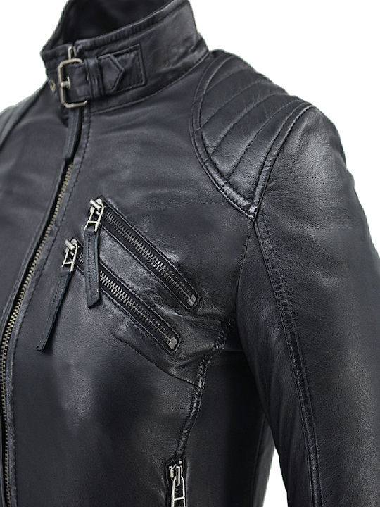 Women's Short Biker Leather Jacket for Winter Black