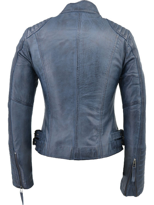 Women's Short Biker Leather Jacket for Winter Blue