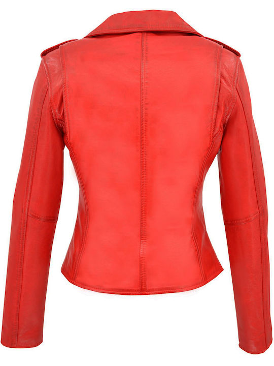 Women's Short Biker Leather Jacket for Winter Red