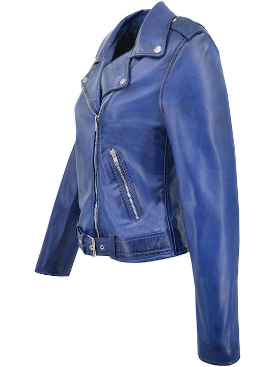 Δερμάτινα 100 Δερμάτινο Γυναικείο Biker Jacket Μπλε