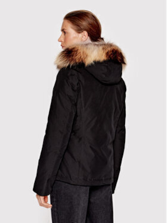 Arctic Raccoon Women's Short Parka Jacket for Winter with Hood Black