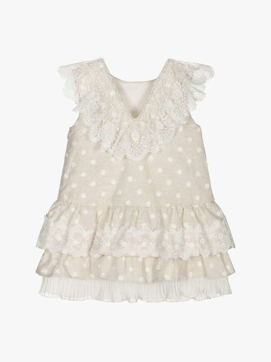 Tutto Piccolo Sand-coloured Linen Rochie pentru Copii Polka Dot Mâneci scurte Bej