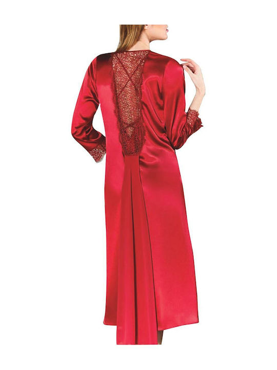 FMS Winter Women's Satin Robe with Nightdress Burgundy